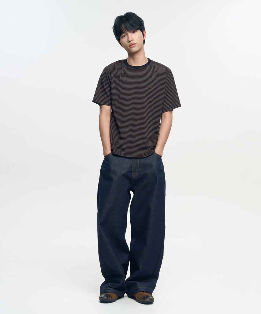 SLOW RECORD HOUSE Striped Short Sleeve T-Shirt_Brown