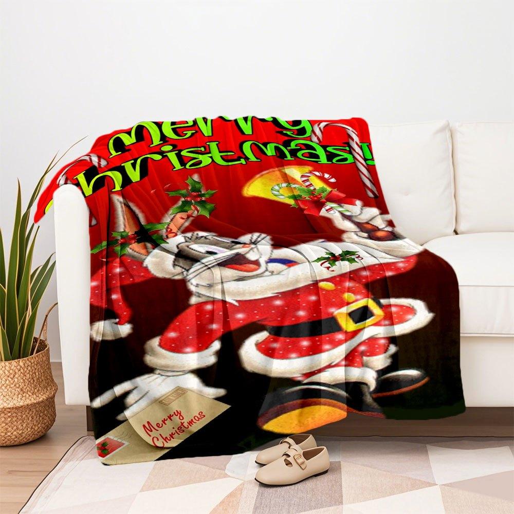 Christmas Bugs Bunny Santa Claus Greeting CardBlanket Flannel Throw Blanket for Sofa, Bed, Travel, Camping, Office