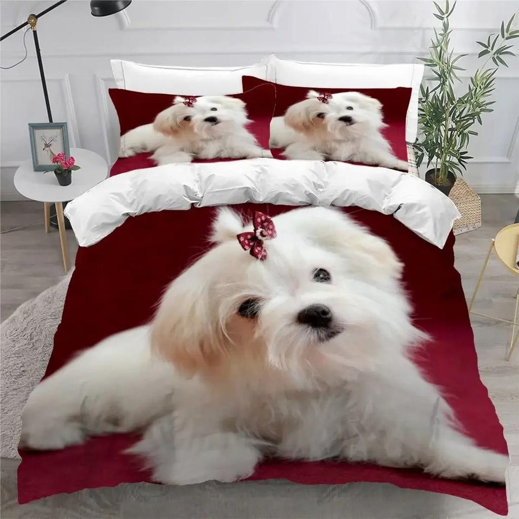 Sött Påslakanset med Maltesisk Hund Husdjur Hundar Tema Sängkläder Mikrofiber Kawaii Djur Täcke Överdrag Twin King För Barn Tonåringar
