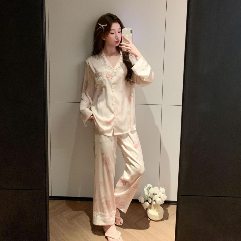 KT Cartoon Print Women's Ice Silk Pajamas - Cute Long Sleeve Spring Set for Comfortable Homewear