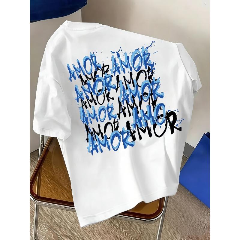 European Size Men'S AMOR Letter Pattern Print Round Neck T-Shirt, Summer Outdoor Sports Short Sleeve