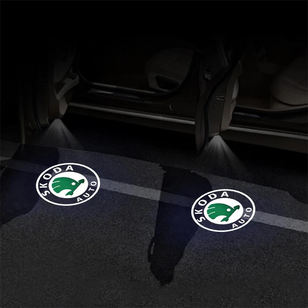Car Sticker 2025 Hot Car Door Emblem Light Welcome Lamp Wireless Laser Projector Auto Decoration LED For Skoda Fabia Rapid Super