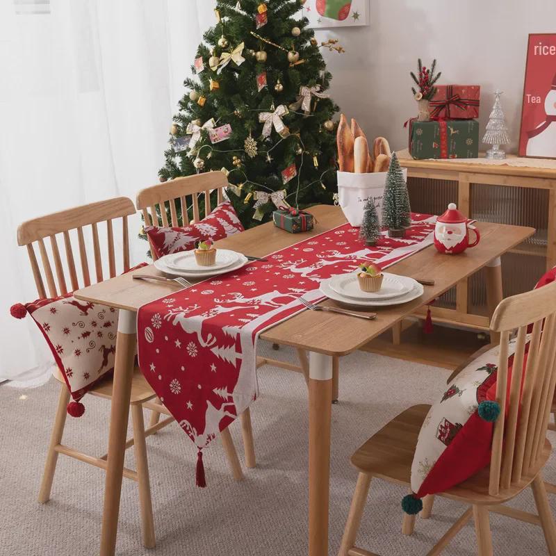 Jacquard Polyester-Cotton Christmas Table Runner with Floral Bells