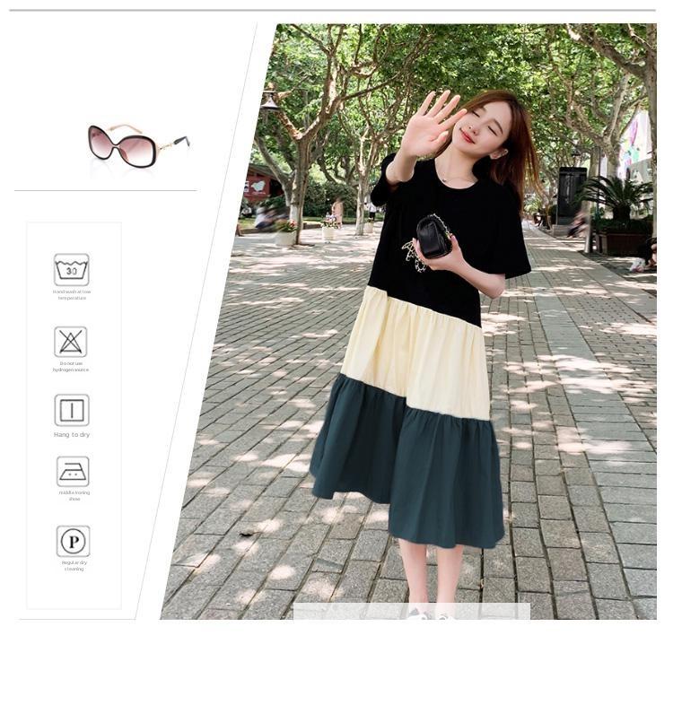 Maternity Summer A-line Knee-Length Dress with Contrast Color Splicing