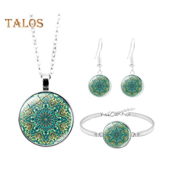 1 Set Women Jewelry Set Flower Print Glass Pendant Vintage Ethnic Style Prom Party Earrings Necklace Bracelet Combo Ideal Christmas Gift