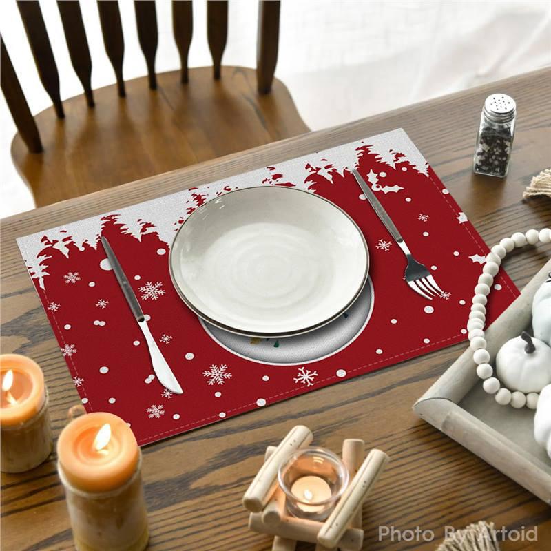 Nordic Christmas Santa Elk Linen Placemat Square, Festive Restaurant Table Decoration