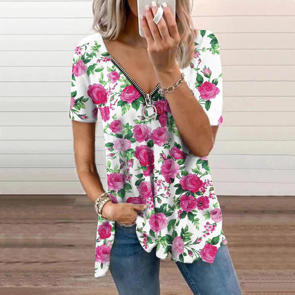 Women's Top Summer New Fashion Red Cherry Printed Casual Zipper V-neck Short Sleeve Top