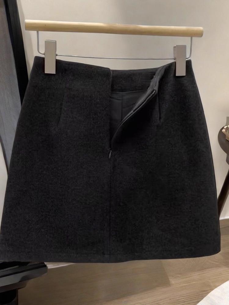 Women's Korean-Style Gray Wool A-line High-Waisted Slim Short Skirt - 2025 Autumn/Winter Collection