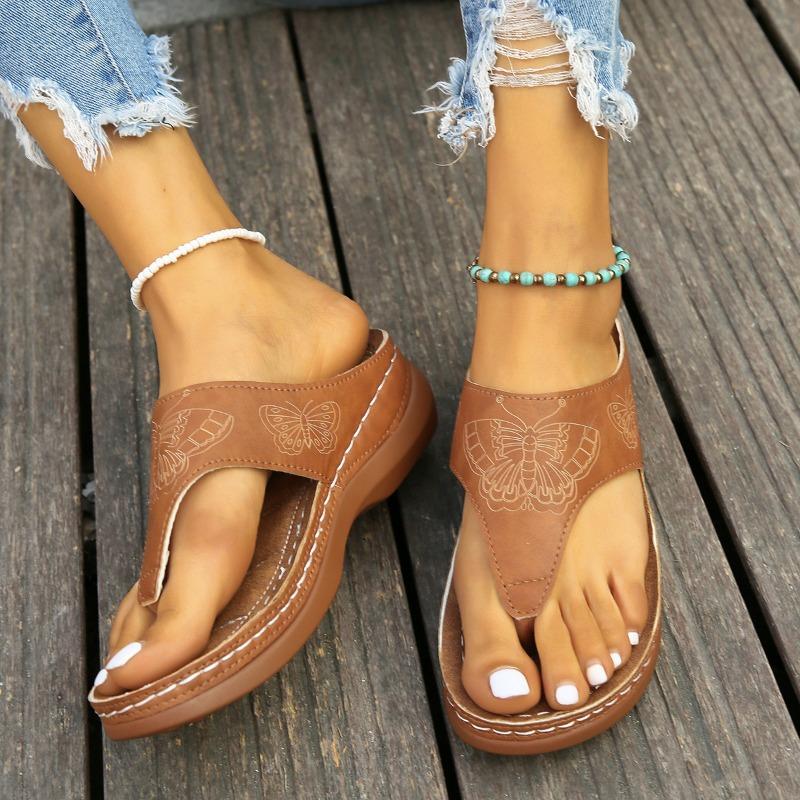 Women's Shoes Summer New Sandals Large Size Printed Butterfly Thick Bottom Toe Cool Slippers Women