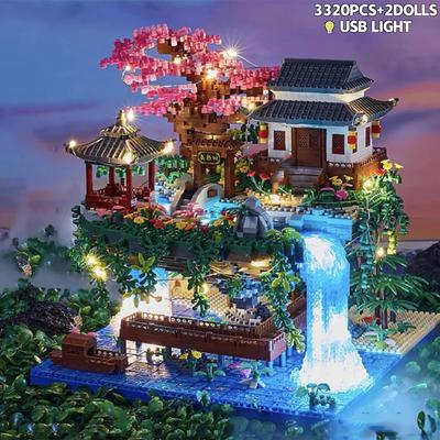 Pfirsichblütenbaumhaus Bausteine Set Gartenarchitektur Wasserfall Licht Ziegel Spielzeug Weihnachten Für Kinder Erwachsene Geschenk