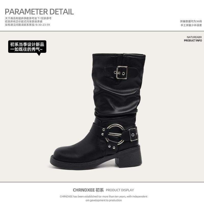 

Cowhide version~ retro high-heeled western cowboy boots women s 2025 new belt buckle Maillard sleeve medium boots 40 чёрный