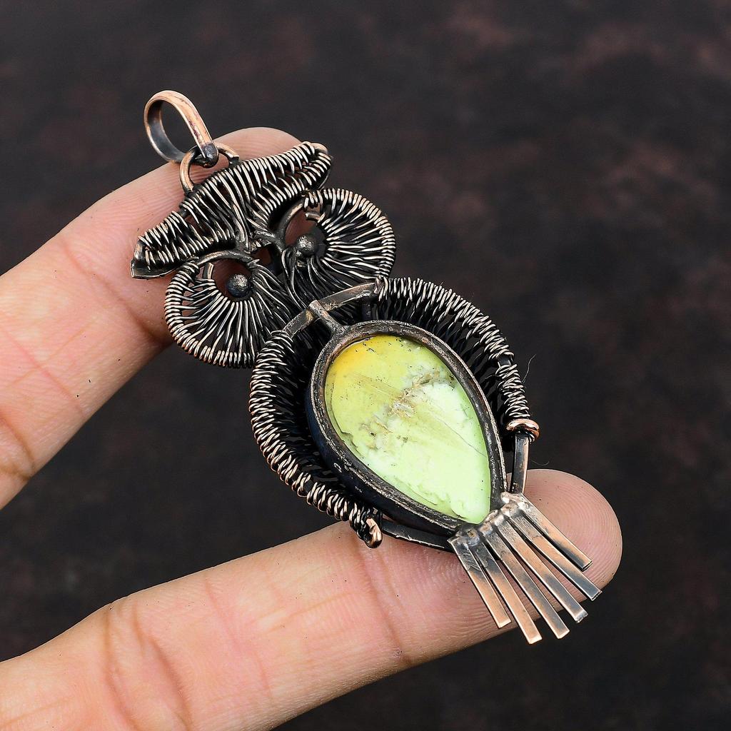 Lemon Chrysoprase Pendant Copper Wire Wrapped Gemstone Pendant Latest Design Jewelry Handmade Copper Wire Wrap Pendant Owl Pendant For Gift
