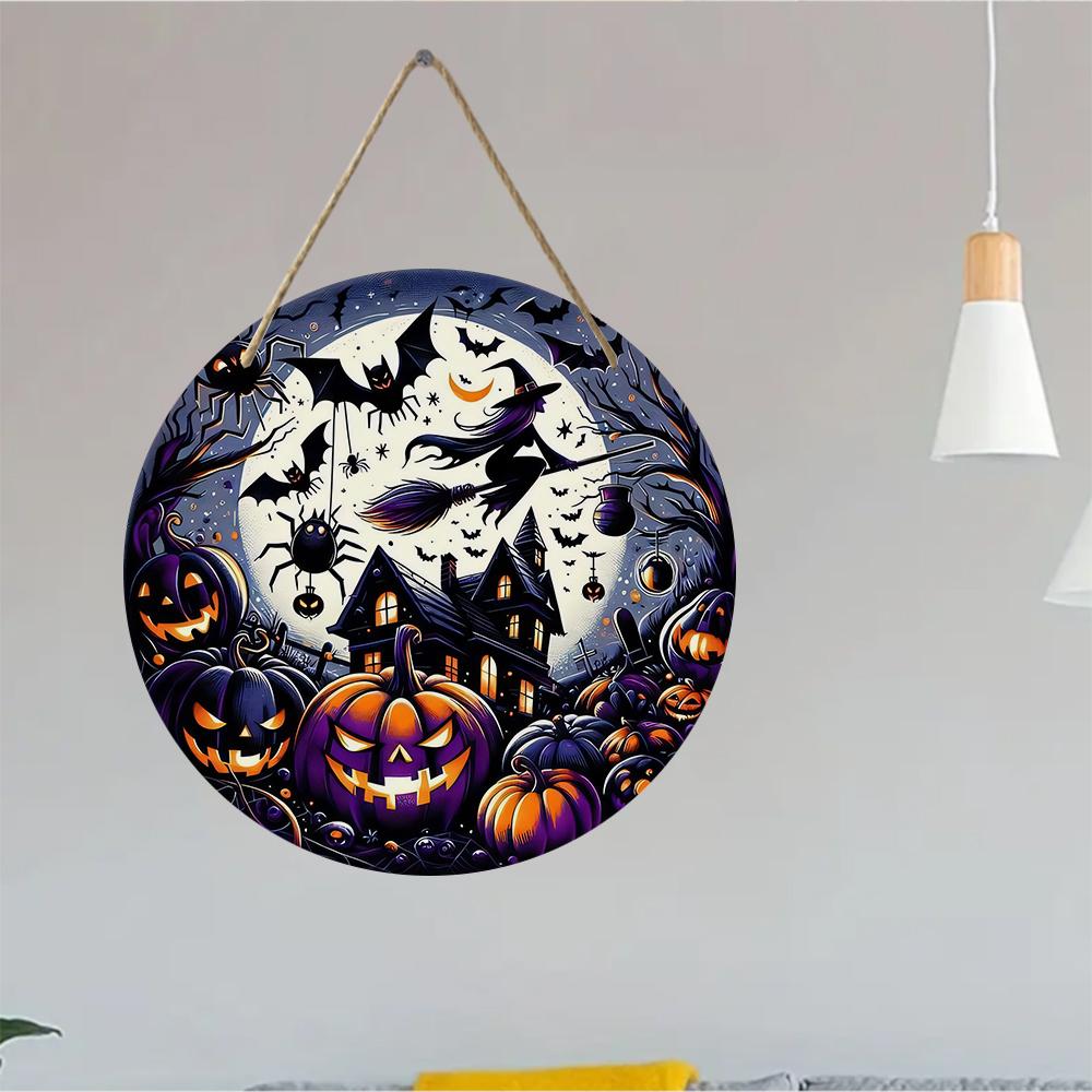 Spooky witch pumpkin haunted house Round Wooden Hanging Plaque wall art home decor porch front door sign Halloween party ornament supplies
