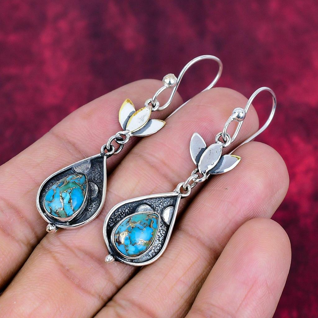 Blue Copper Turquoise Handmade Gemstone Earrings, 925 Solid Sterling Silver Earrings Antique Jewelry, For Engagement Gift