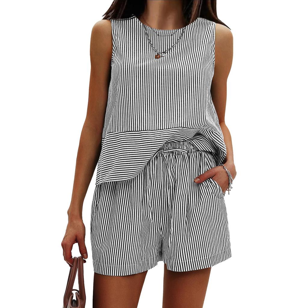 Women's Summer 2 Piece Outfits Sleeveless Tank Top Matching Shorts Sets Striped Sweatsuits