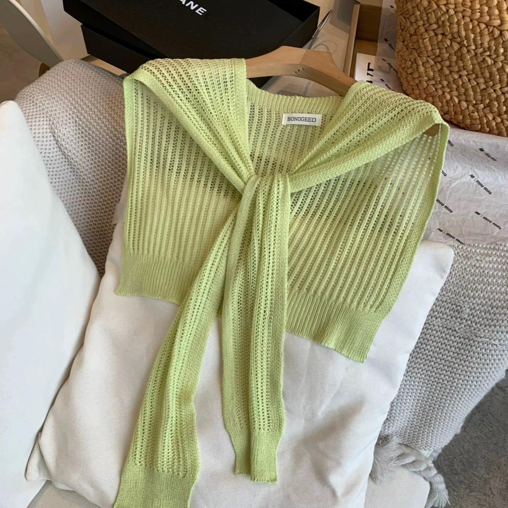 Summer Knitted Shawl Solid Color Neck Guard Scarf Fashion Thin Knotted Cape  for Women