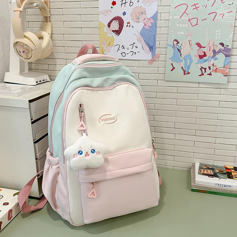 Korean Style School Backpack With Letter Embroidery Design For Students And Commuters Pink Green