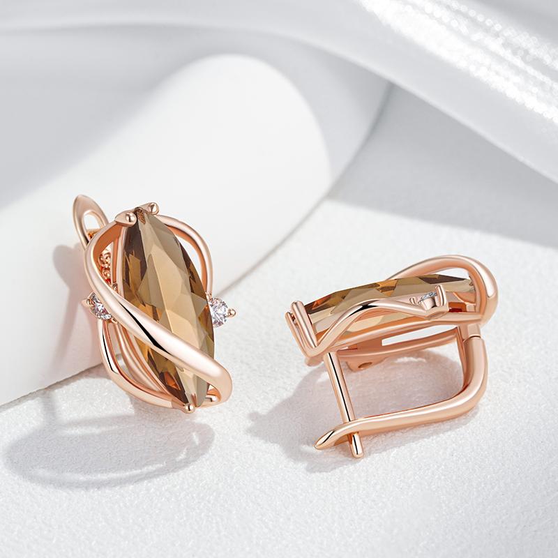 Shiny Brown Natural Zircon Drop Earrings For Women Fashion Rose Gold Color High Quality Daily Fine Vintage Jewelry