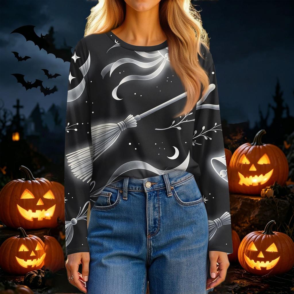 Women's Fashion Casual Long Sleeve Halloween Print Crewneck Top