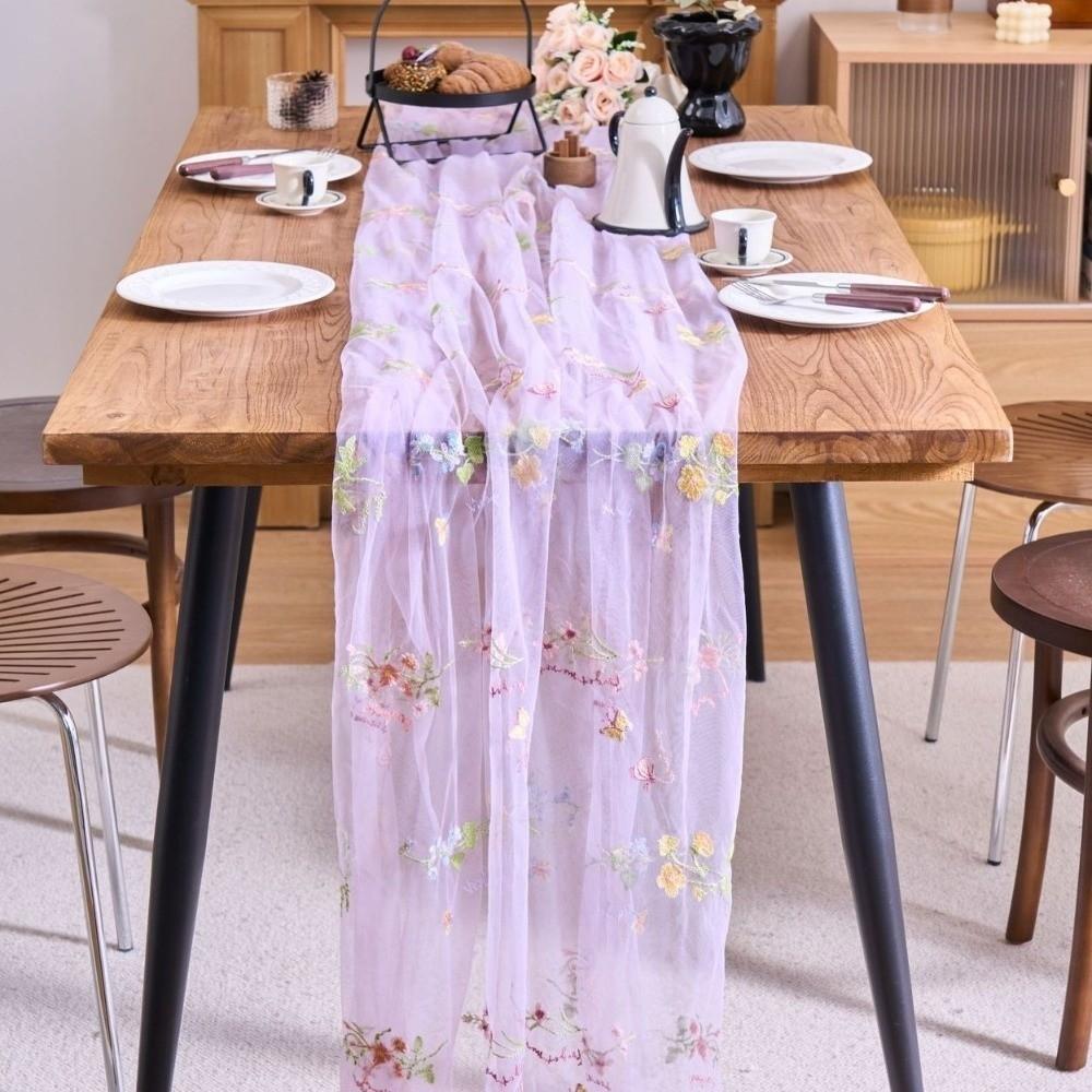 French Vintage Embroidered Floral Table Runner Romantic Semi-Transparent Wrinkled Table Runner Fresh Color Dining Table Decor