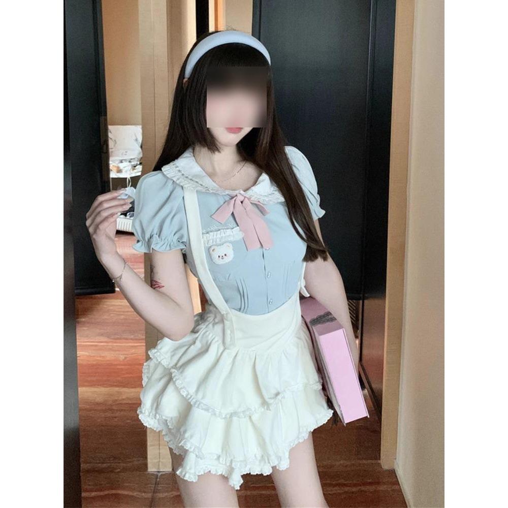 

Сладкий и пикантный женский топ с пышными рукавами и мини-юбка с воротником Питер Пэн - Летний, Повседневный, Сборка на талии, Приталенный. M (suggested for 45-50kg)