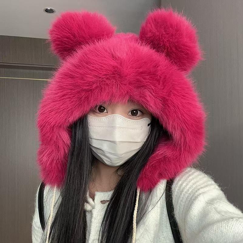 New Plush Cute Little Bear Ear Hat Fox Fur Hat Thickened Ear Protection Snow Hat Women's Plush Little Bear Hat Fashion Versatile