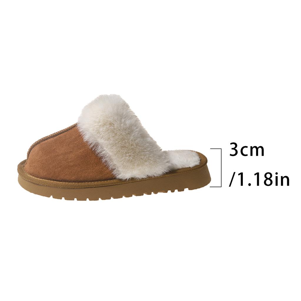 Fashion 2024 Winter Plush Low-top Thick-soled Fur Warm Women's Slippers Flat New Horseshoe Cotton Rubber Roman Toe-cap Slippers Traf