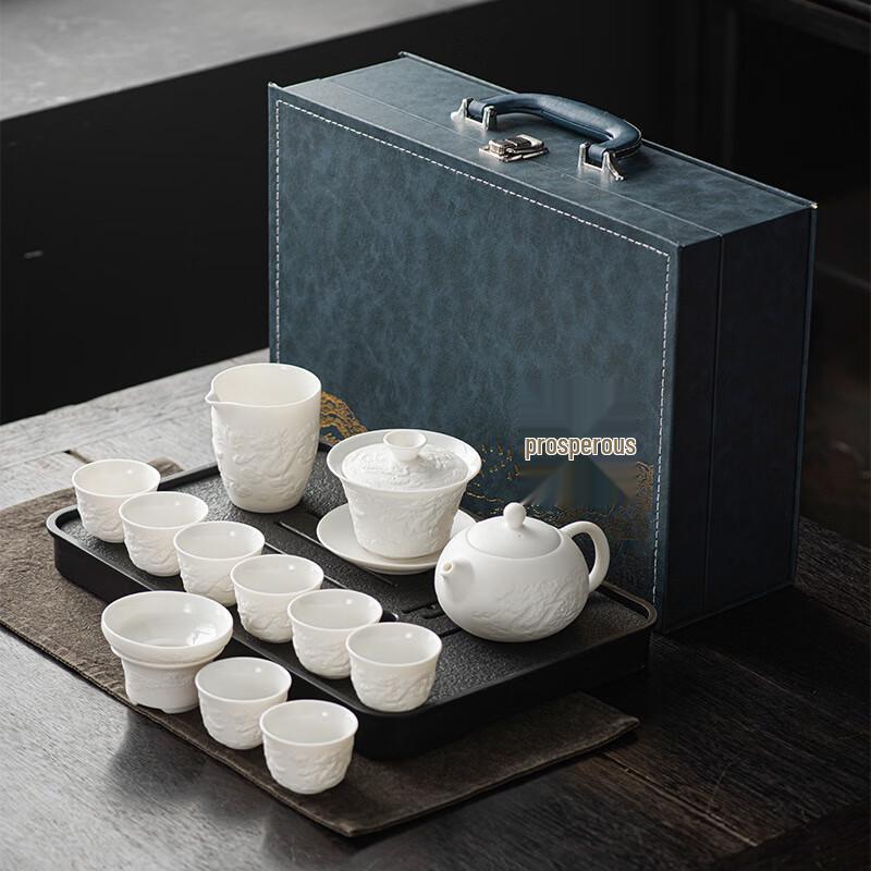 

Embossed White Ceramic Gaiwan Tea Set