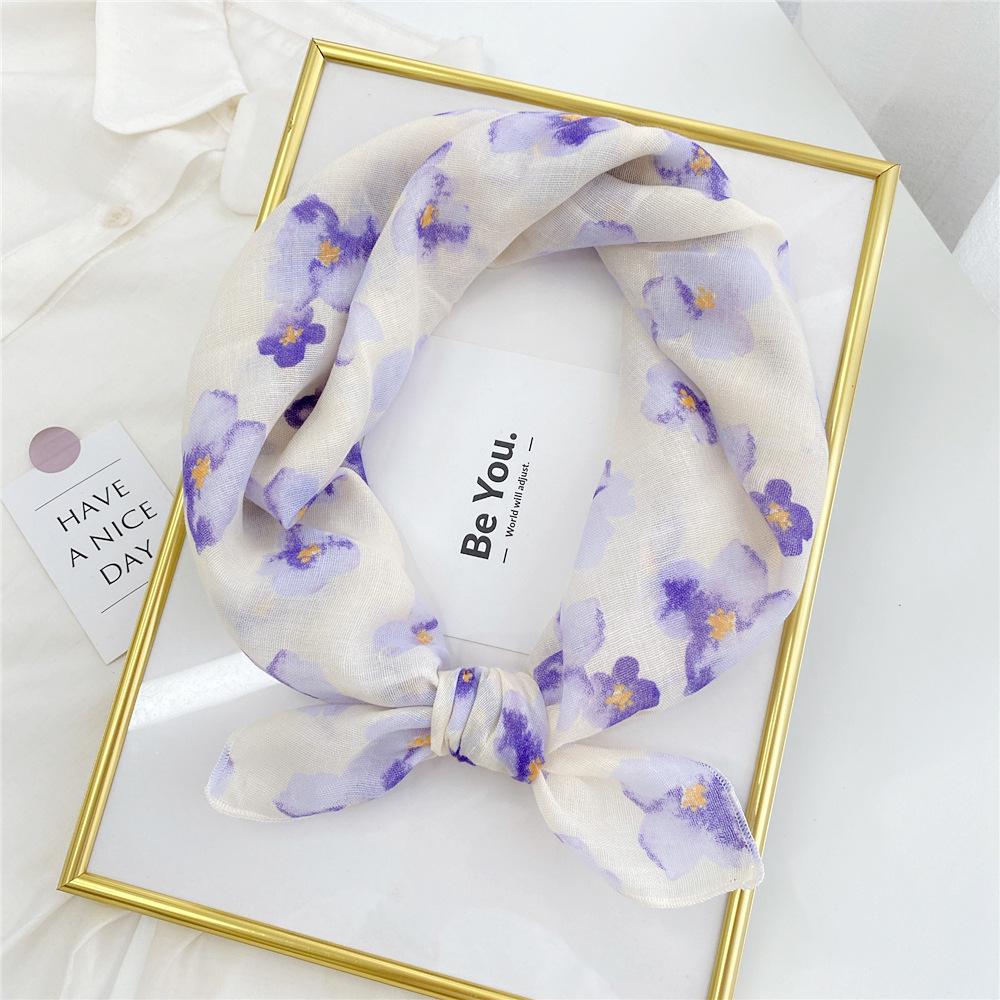 Floral Cotton Linen Silk Scarf: Women's Square Headband for Spring, Summer, Autumn - Korean Fresh Style