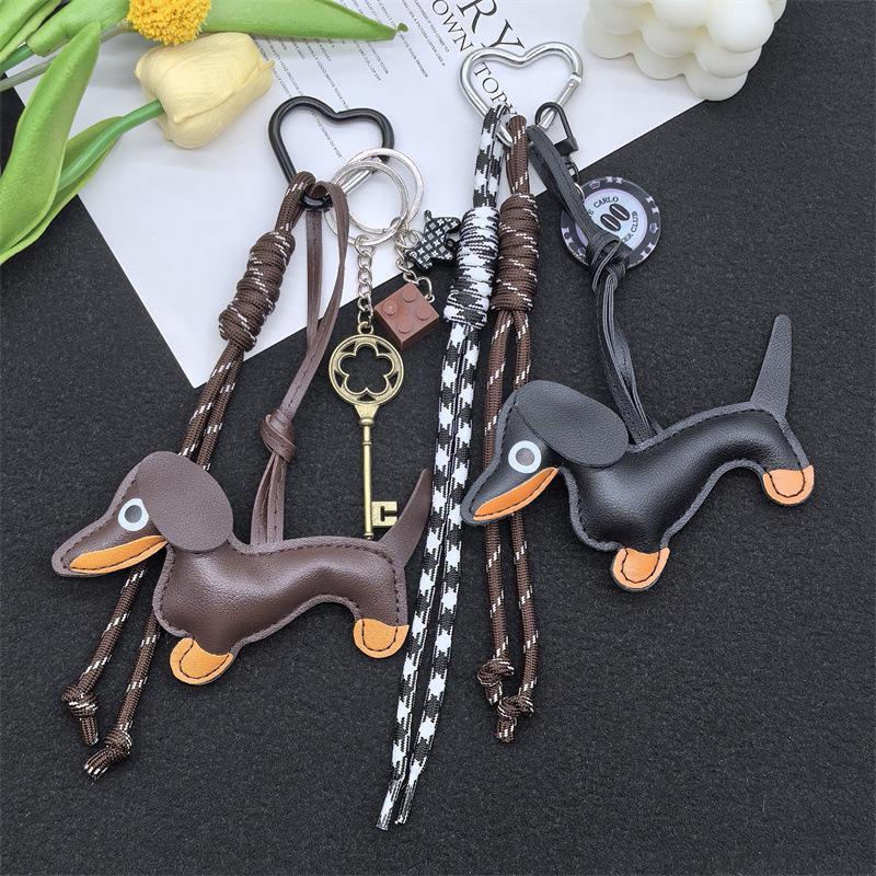 Leather Cartoon Dachshund Keychain with Woven Rope Pendant