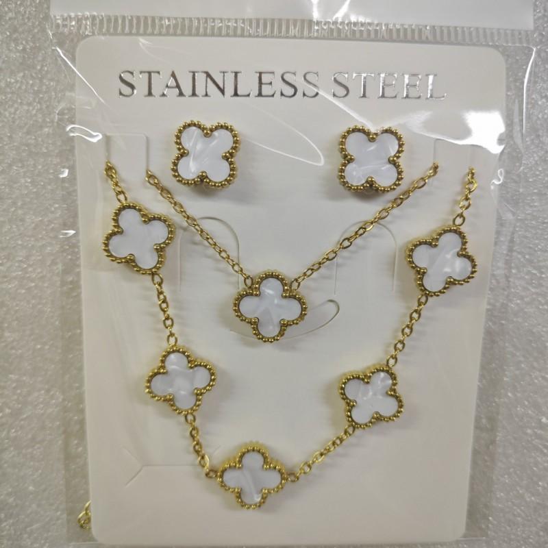 13mm Clover Pendant Necklace Bracelet Earring Set 18K Gold Plated Stainless Steel Jewelry Women Men