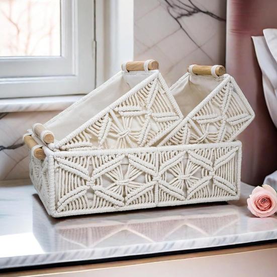 Storage Box with Wooden Handles Large Capacity Basket Woven Design Countertop Organizer for Cosmetics And Sundries