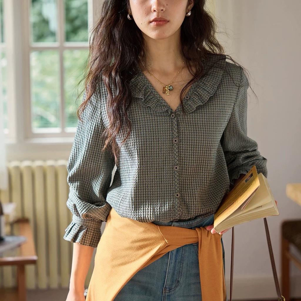 French retro V-neck ruffle edge plaid shirt women's design sense spring loose long-sleeved shirt with top