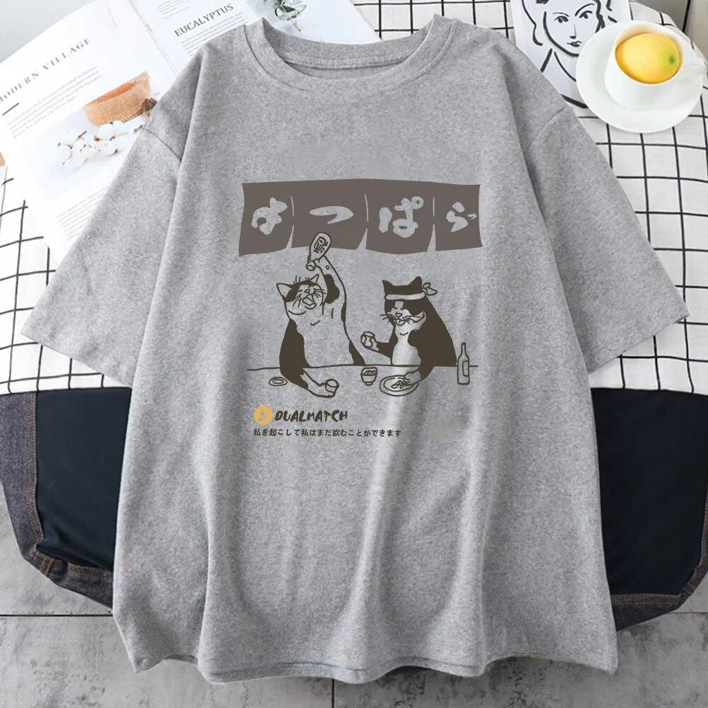 Women Tshirt Streetwear Japanese Harajuku Funny Drinking Cat T-Shirt 100% Cotton Summer Cartoon T Shirt Unisex Hip Hop Tops Tees Unisex T-shirt