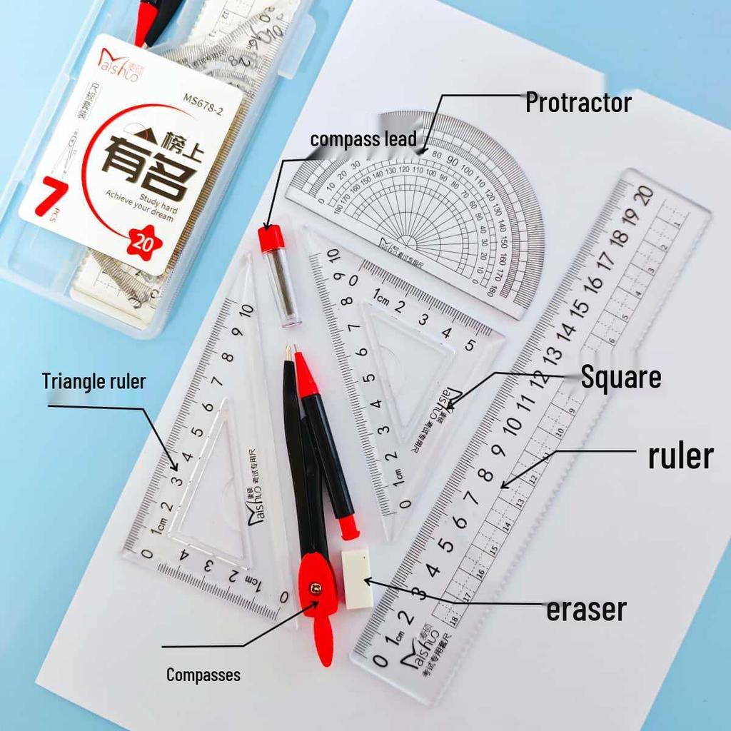 Maishuo 7-Piece Student Geometry Set: Compass, Straight & Triangle Rulers in Box