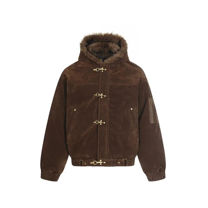 American Style Men's Coats Hooded Faux Fur Single Breasted Loose Solid Color Winter Jackets