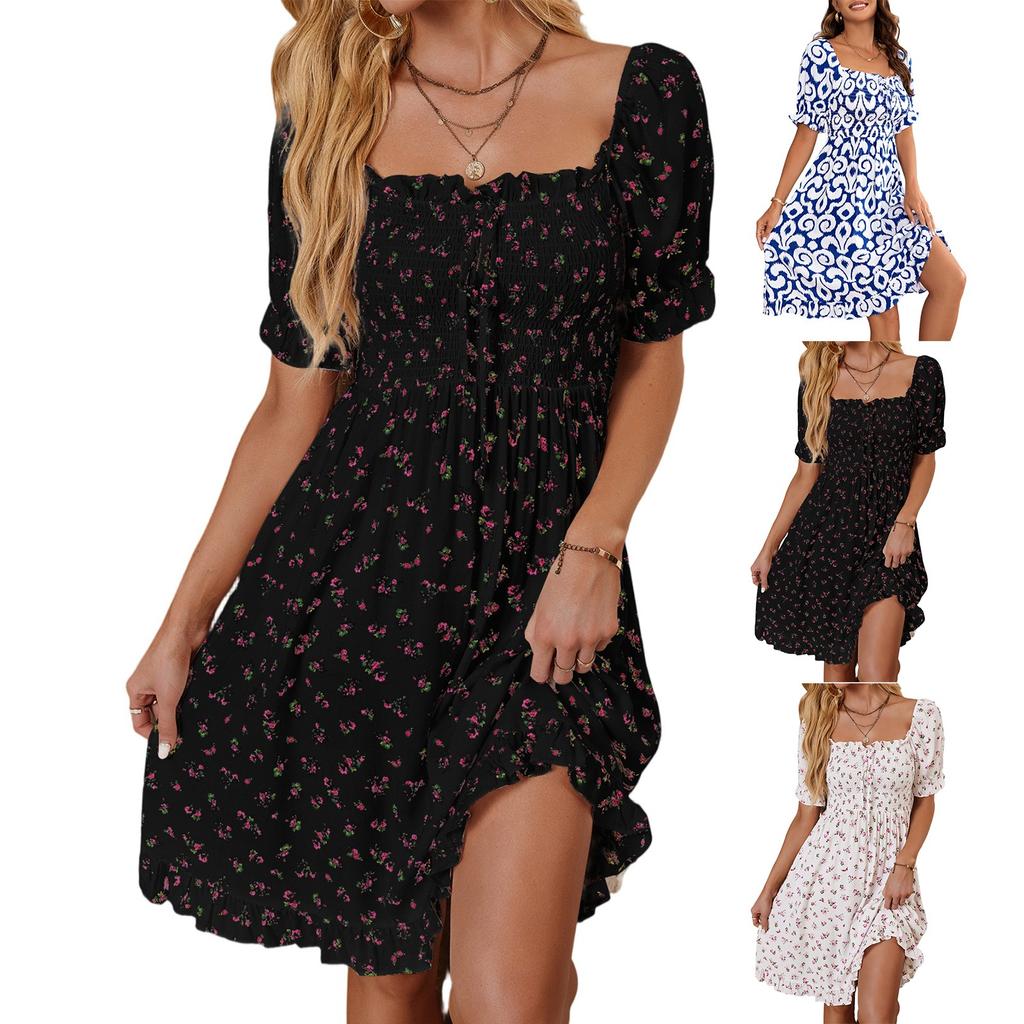 Women's Dress Casual Floral Pattern Belted Short-sleeved Dress