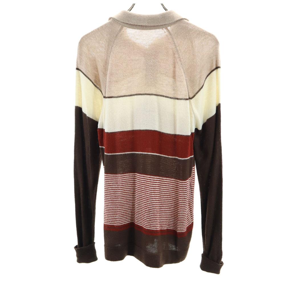 VINTAGE 70s 80s Border Pattern Long sleeve Polo sweater M Brown etc knit Men's Used