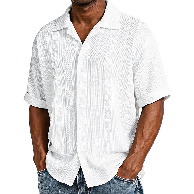 

Mens Summer Knit Textured Short Sleeve Shirt Cuban Collar Button Down Casual Beach Tops M белый