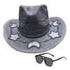 Solvanger Cowgirl Stråhatt Prismatisk Hatt med Bred Brem Vestlig Cowboyhatt med Iridescent Måne Stjerne/Hjerte Håndvevd Sol Strandhatt med Solbriller for Kvinner