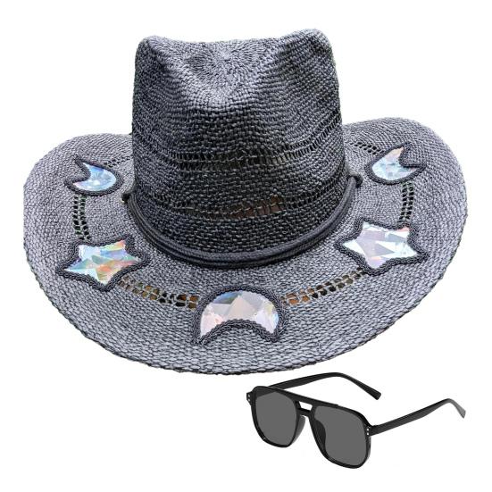 Solvanger Cowgirl Stråhatt Prismatisk Hatt med Bred Brem Vestlig Cowboyhatt med Iridescent Måne Stjerne/Hjerte Håndvevd Sol Strandhatt med Solbriller for Kvinner