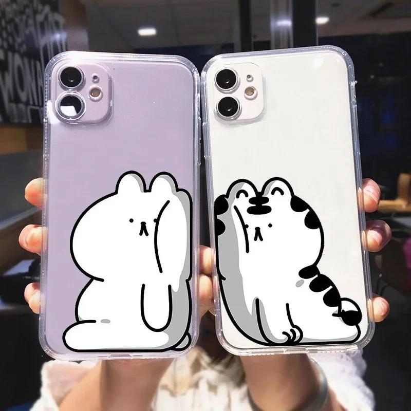Funny Bear Rabbit Paired Couple Phone Case for iPhone 15 16 12 11 13 Pro Max Mini XR 8 14 Plus SE3 Clear Lovers Cover Fundas