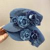 Retro dreiblumen denim beret damen vierjahreszeiten gesicht klein handgefertigt applikation vielseitig mode achteckiger hut