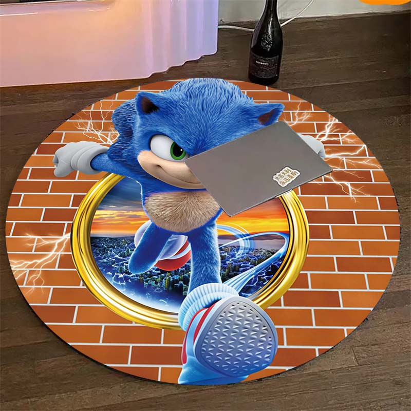 Sonic The Hedgehog Neon Sonic Logo Round Area Rug Non Slip Game Cartoon Kids Bedroom Floor Carpet