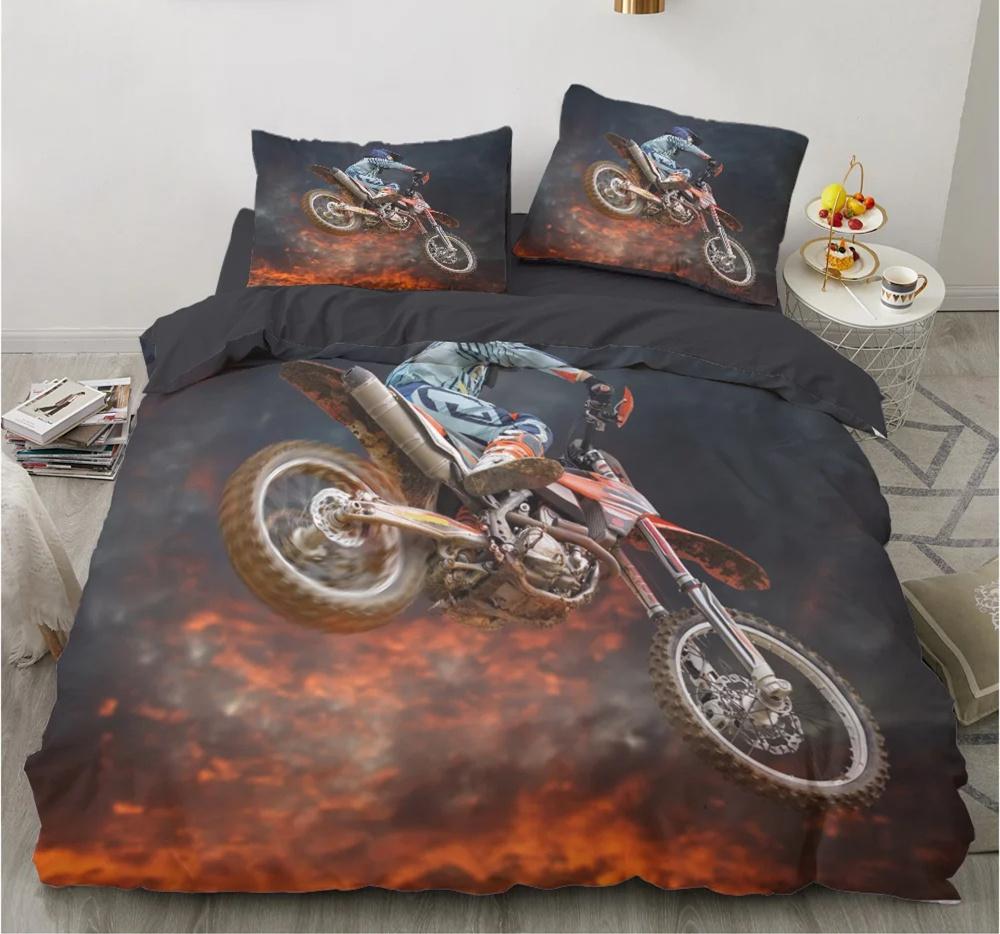 Motorrad Bettwäsche Set 3D Druck Autos Bettbezug mit Kissenbezug Motocross Tagesdecke Jungen Kinder Bettset King Size Heimtextilien