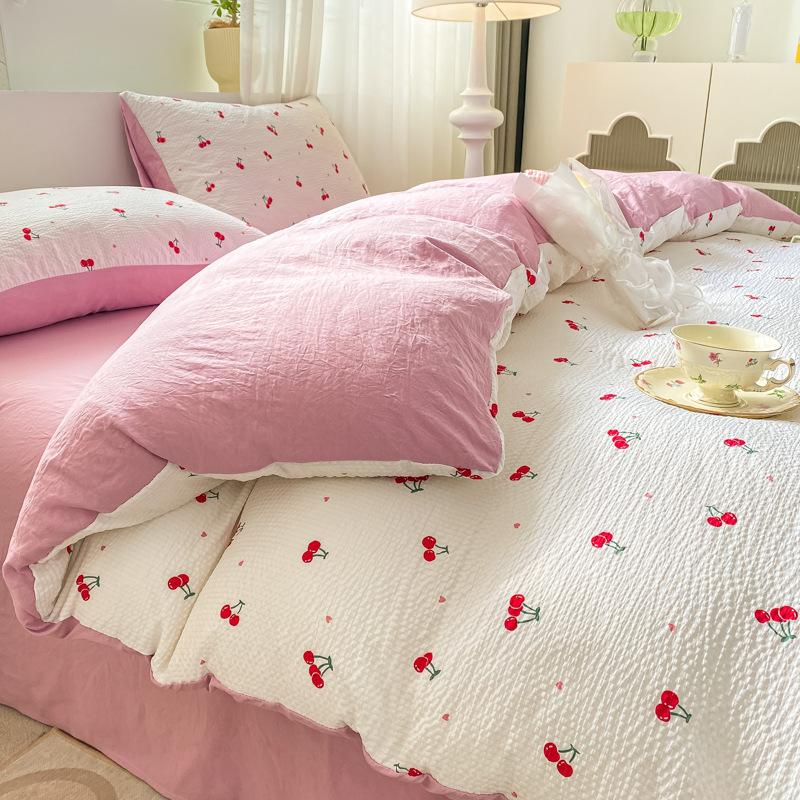 Set Lenzuola Seersucker a Quattro Pezzi Lenzuolo Copripiumino Federe