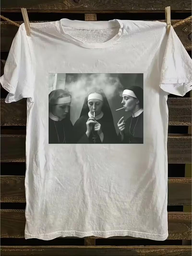 Vintage Nun Smocking Graphic Print T-Shirt, Funny Sarcastic Graphic Tee L