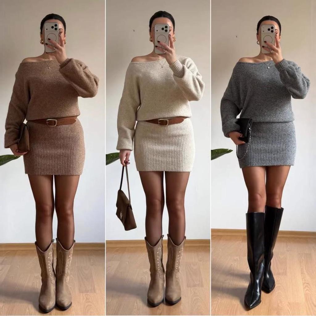 European & American Women's Fashion 2026: One-Shoulder Long-Sleeved Bodycon Skirt with Belt (Autumn Collection).