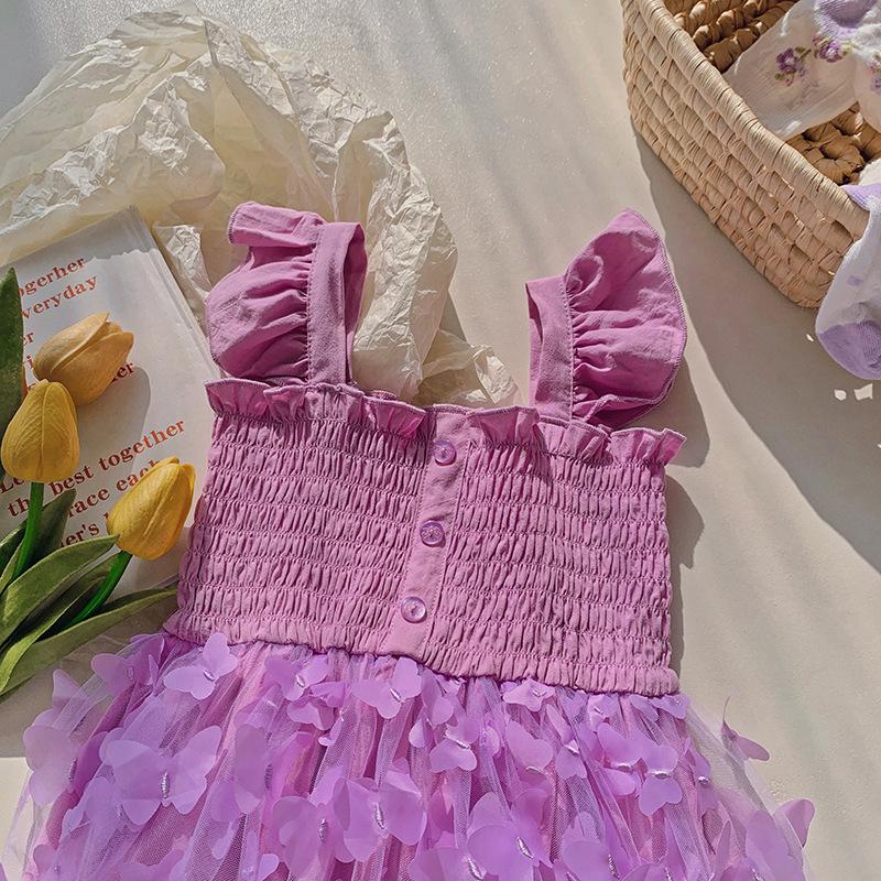 3D Butterfly Mesh Puff Sleeve Girls' Dress - 2025 Summer Smocked Waist Baby Princess Style