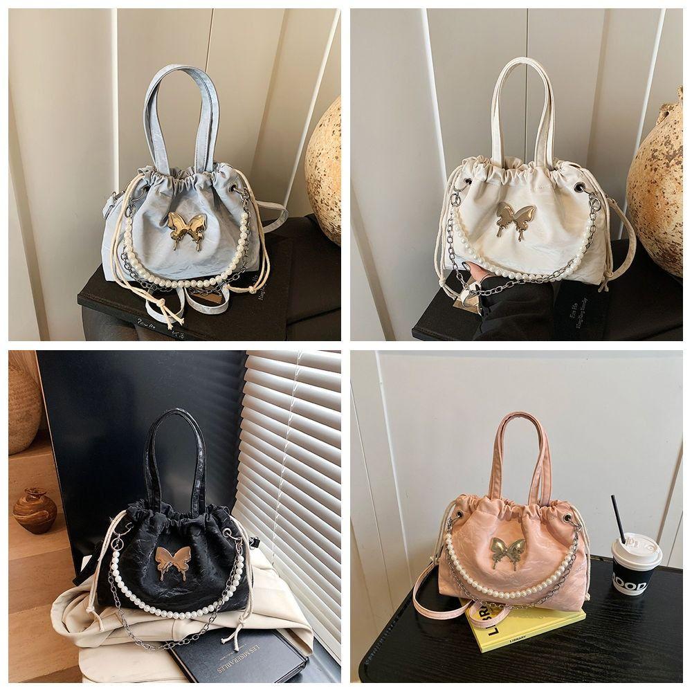 Magnetic Buckle Silver Butterfly  Backpack Metal Chain Pearl Chain Handbag  Daily